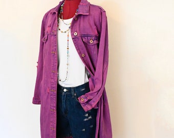 Pink Womens Small Denim JACKET - Pastel Pink Dyed Upcycled Tribal Jeans Denim Duster Jacket - Adult Womens Size Small (40&quot; chest)
