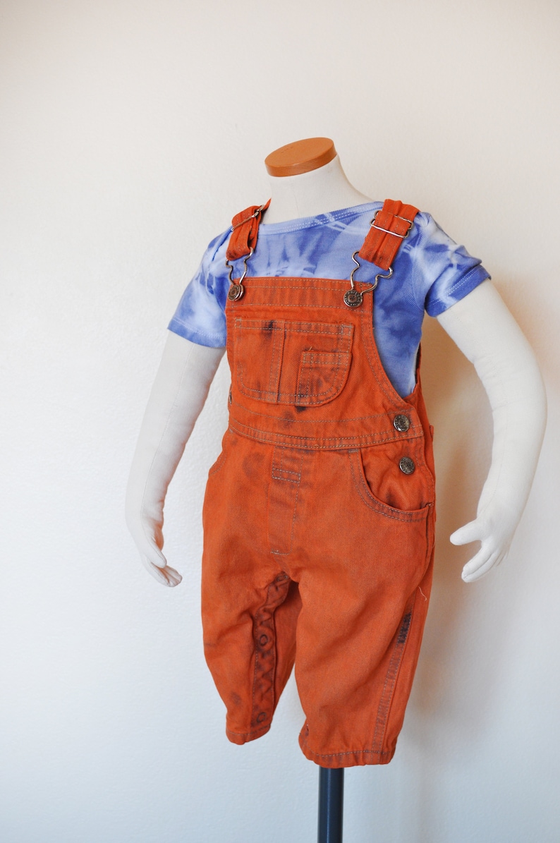 Bib OVERALL Pants 10W x 7 L Newborn Infant 3-6 months Hand Dyed Orange Vintage Denim Baby Arizona Denim Overalls Orange Kid 3-6 Mo