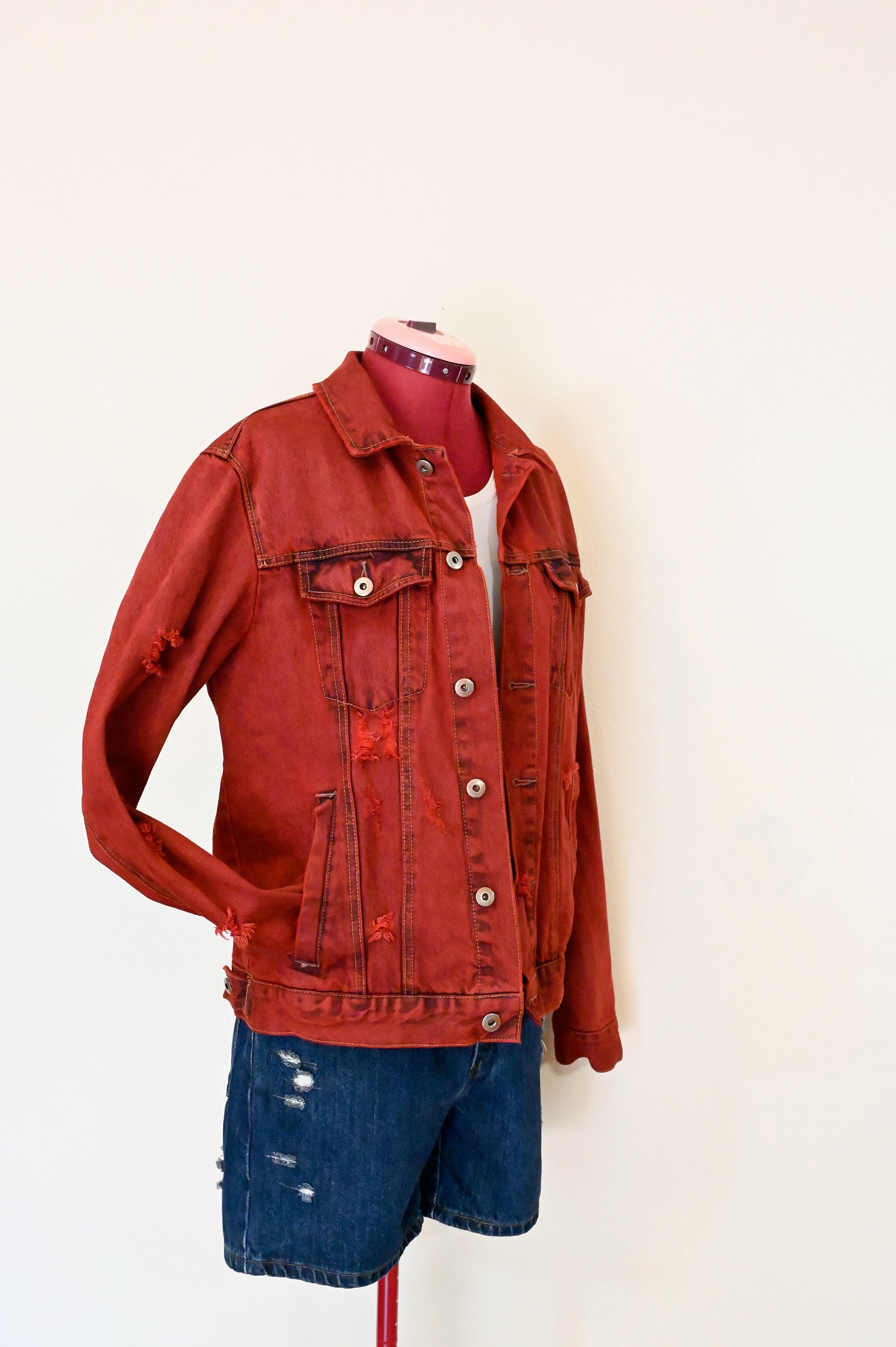 Red Men Medium Denim JACKET - Scarlet Red Dyed Upcycled Red Men Medium Denim JACKET - Scarlet Red Dyed Upcycled