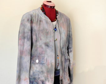 Grey Pink Mottled Dyed Womens Medium Upcycled Relativity Linen Military JACKET (42" chest)