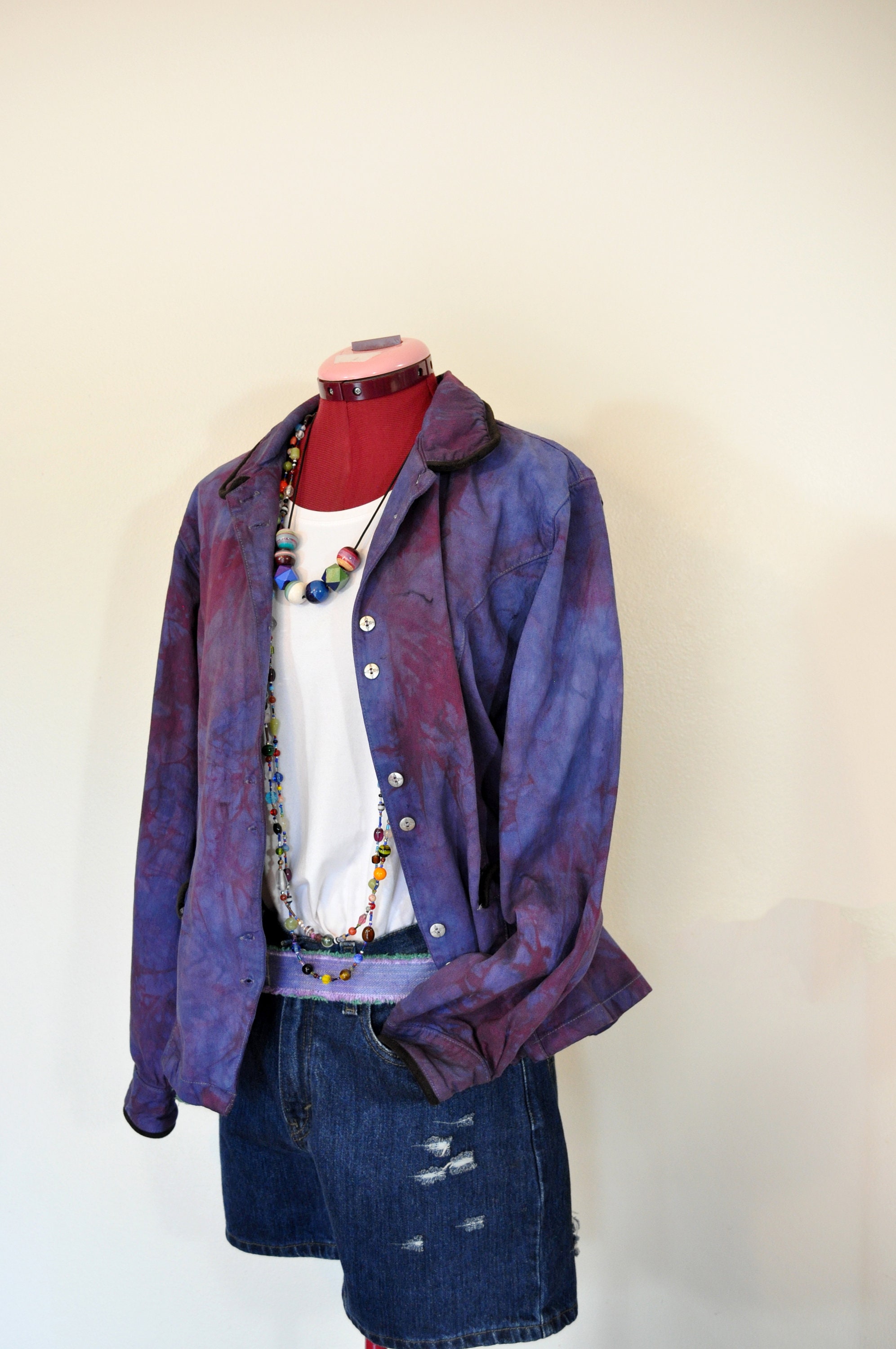 Purple Womens XL Denim JACKET - Red Violet Mottled Dyed