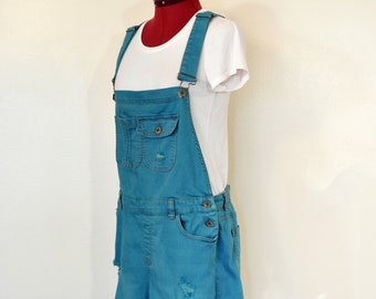 Teal Jrs XL Bib OVERALL Shorts - Blue Green Dyed Upcycled Wax Jeans Denim Shortalls - Adult Women's Juniors Extra Large (36 Waist)