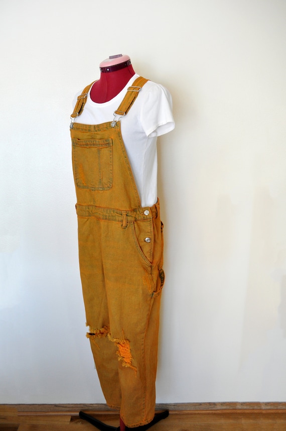 Gold Orange Large Bib OVERALL Cropped Pants Pumpkin Dyed Upcycled
