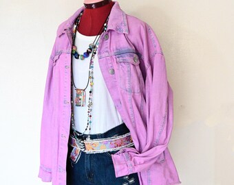 Pink Dyed Womens Medium Upcycled Maurices Denim Trucker JACKET (52" chest)