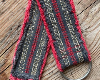 Black Red Dyed Upcycled Embroidered Denim D-Ring BELT #26 - 2" x S, M, L, XL, 2X