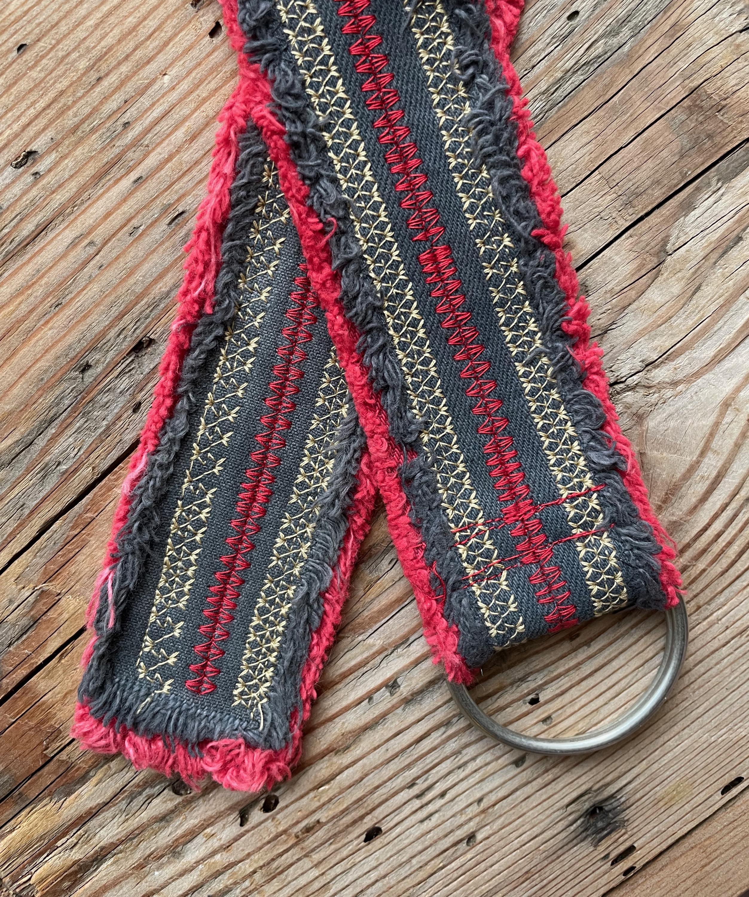 Black Red Dyed Upcycled Embroidered Denim D-ring BELT #26  display picture 2