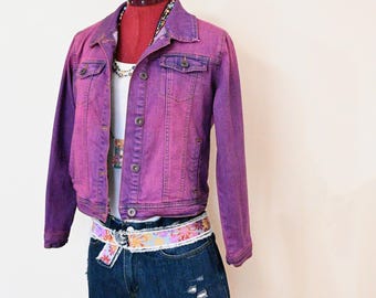 Pink Dyed Girls Large Upcycled Copper Key Denim Trucker JACKET (38" Chest)