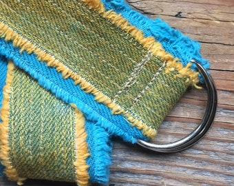 Gold Teal Dyed Upcycled Denim D-Ring BELT #75 - Size 1.5" x S, M, L, XL, 2X