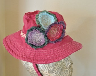 Pink Dyed Denim 18" Bucket Beach HAT #2 - Green Orange Violet Upcycled Gap Fringed Denim Circle - Toddler Baby Infant 6-12 Months 18" Hat