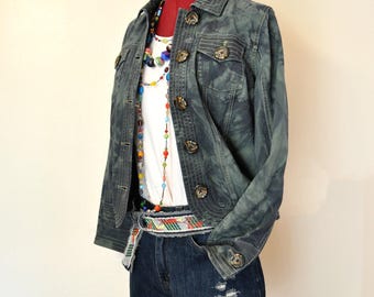 Green Mottled Dyed Womens Small Upcycled Christopher & Banks  Trucker JACKET (38" chest)