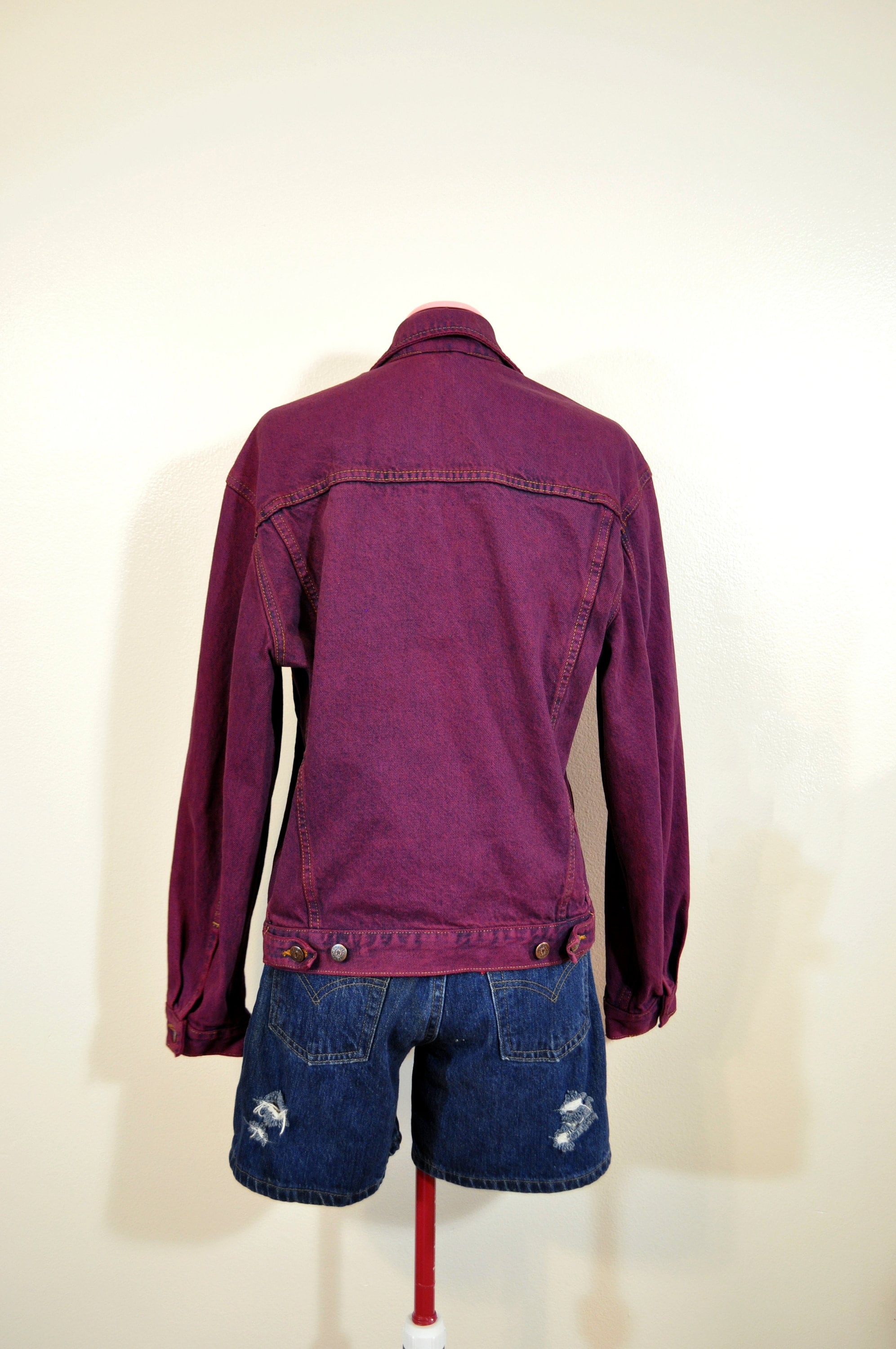 Wine Dyed Mens Small Upcycled Faded Glory Denim Trucker JACKET (42 