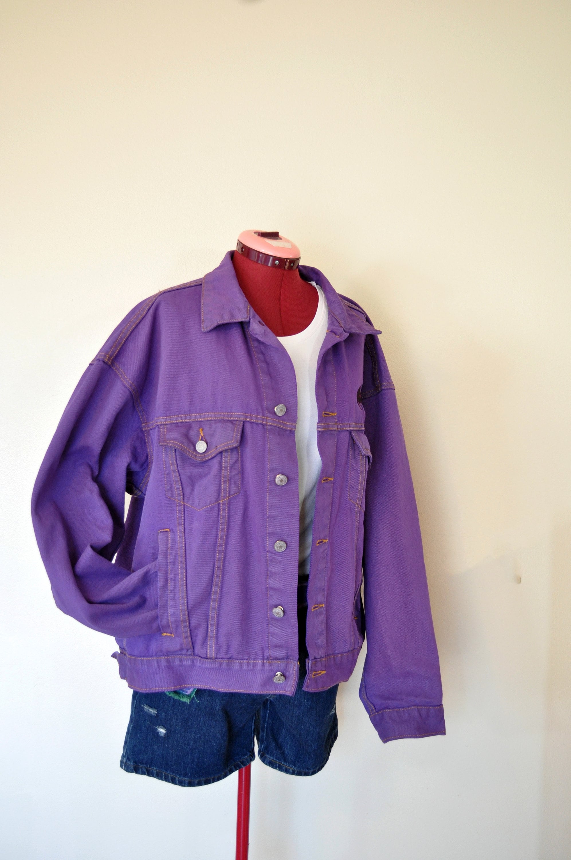 Violet Mens Large Denim JACKET Purple Plum Dyed Upcycled 