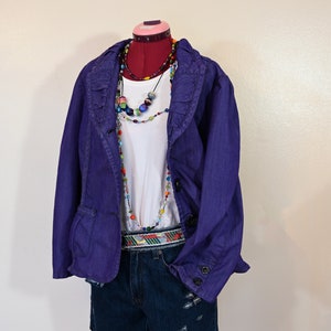 Violet Womens XL 1X Denim JACKET - Deep Purple Dyed Upcycled Repurposed Liz & Me Denim Blazer Jacket - Adult Womens Extra Large (50&quot; chest)