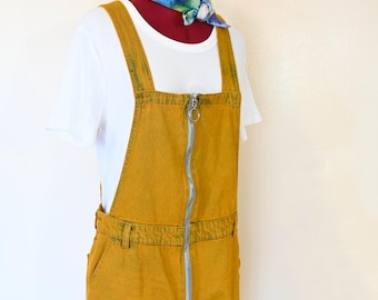 Gold Dyed Womens Small Upcycled Forever21 Denim Bib OVERALLS Cropped Pants (34W x 24L)