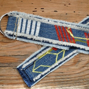 Geometric Design Large Denim BELT 140 Denim Blue Fringe Upcycle Cotton D Ring Belt Screen Print Rustic Denim Belt Sz Large 1.5 x 52 image 1