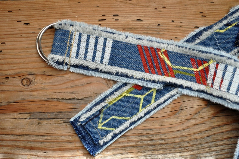 Geometric Design Large Denim BELT 140 Denim Blue Fringe Upcycle Cotton D Ring Belt Screen Print Rustic Denim Belt Sz Large 1.5 x 52 image 1