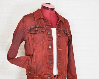 Red Dyed Boys 10/12 Large Upcycled Old Navy Denim Trucker JACKET (38" chest)