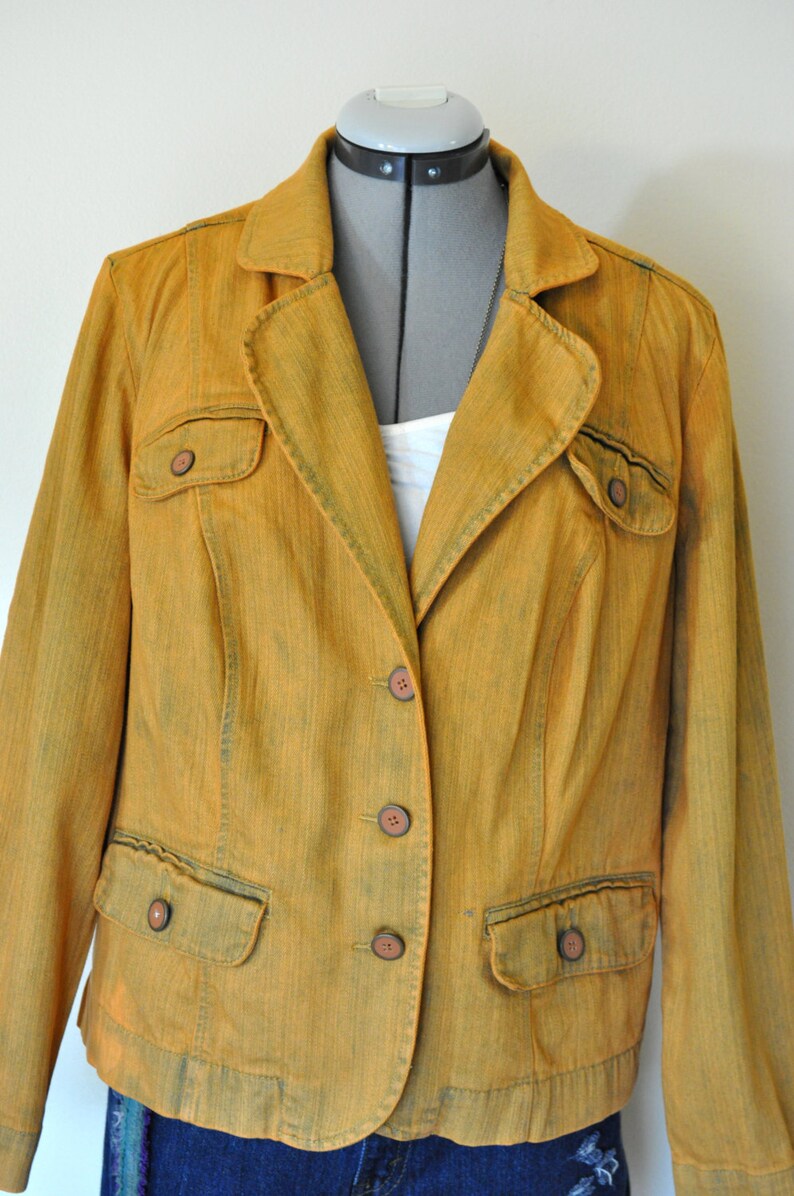 Gold 16W XL Denim JACKET Adult Womens Size 16W Extra Large Golden Topaz Hand Dyed Upcycled Fashion Bug Denim Blazer Jacket 46 chest