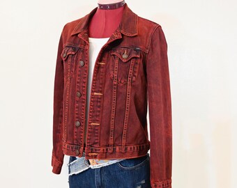 Red Dyed Boy's Large Upcycled Earl Jean Denim Trucker JACKET (36