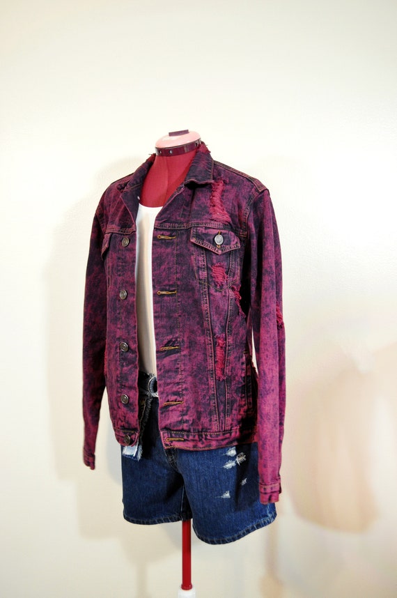 Wine Mens Small Denim JACKET - Wine Red Dyed Upcy… - image 1