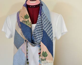 Camel Tan Purple Dyed Denim Scrap SCARF - Blue Plaid Light Denim Floral Lace Boro Upcycled Denim Scarf - Long Skinny Scarf #197 - 7" x 74"