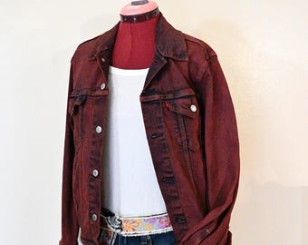 Red Dyed Mens Small Upcycled Levi's Denim Trucker JACKET (42" chest)