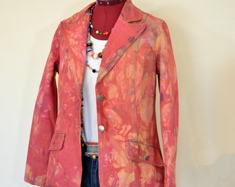 Pink Medium Denim JACKET - Orange Cherry Red Dyed Upcycled Faded Glory Denim Blazer Jacket - Adult Women Size Medium (38 chest)