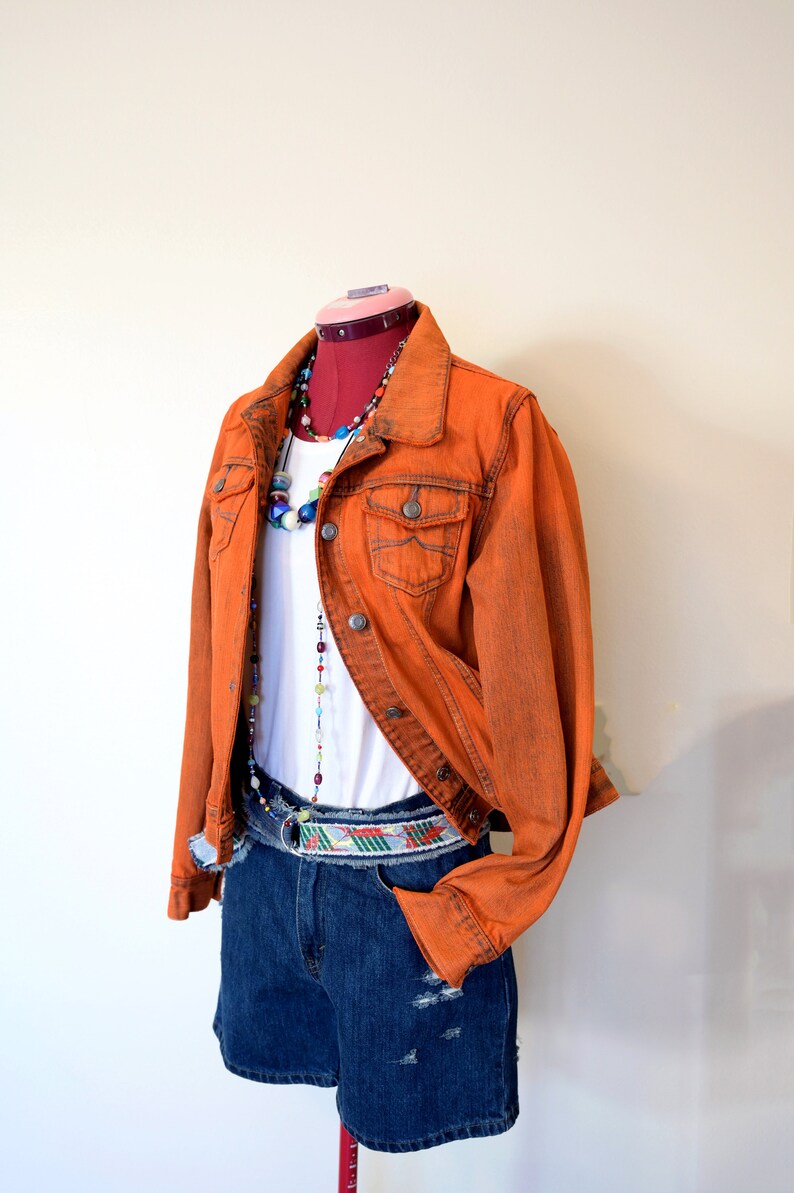 Orange Womens Jrs. Large Denim JACKET Tangerine Orange Dyed Upcycled