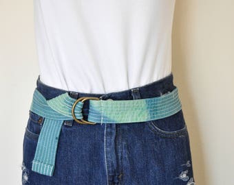 Green Blue Small Dyed Denim BELT #37 - Green Blue Dyed Upcycled Cotton Denim D Ring Belt - Boho Recycled Denim Jean Belt Small - 1.5 x 40"