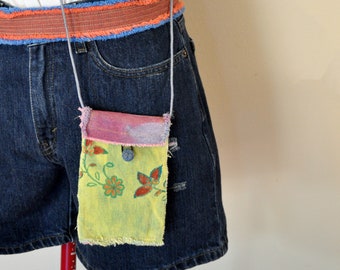 Dyed Denim Cell Phone Handbag Satchel - Hand Made Urban Upcycled Yellow Pink Dyed Painted Denim Purse Over the Shoulder Mini Bag Tote 87