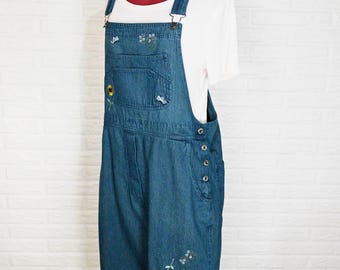 Teal Dyed Womens Large Upcycled Agapo Denim OVERALL Capri Pants (40W x 18L)