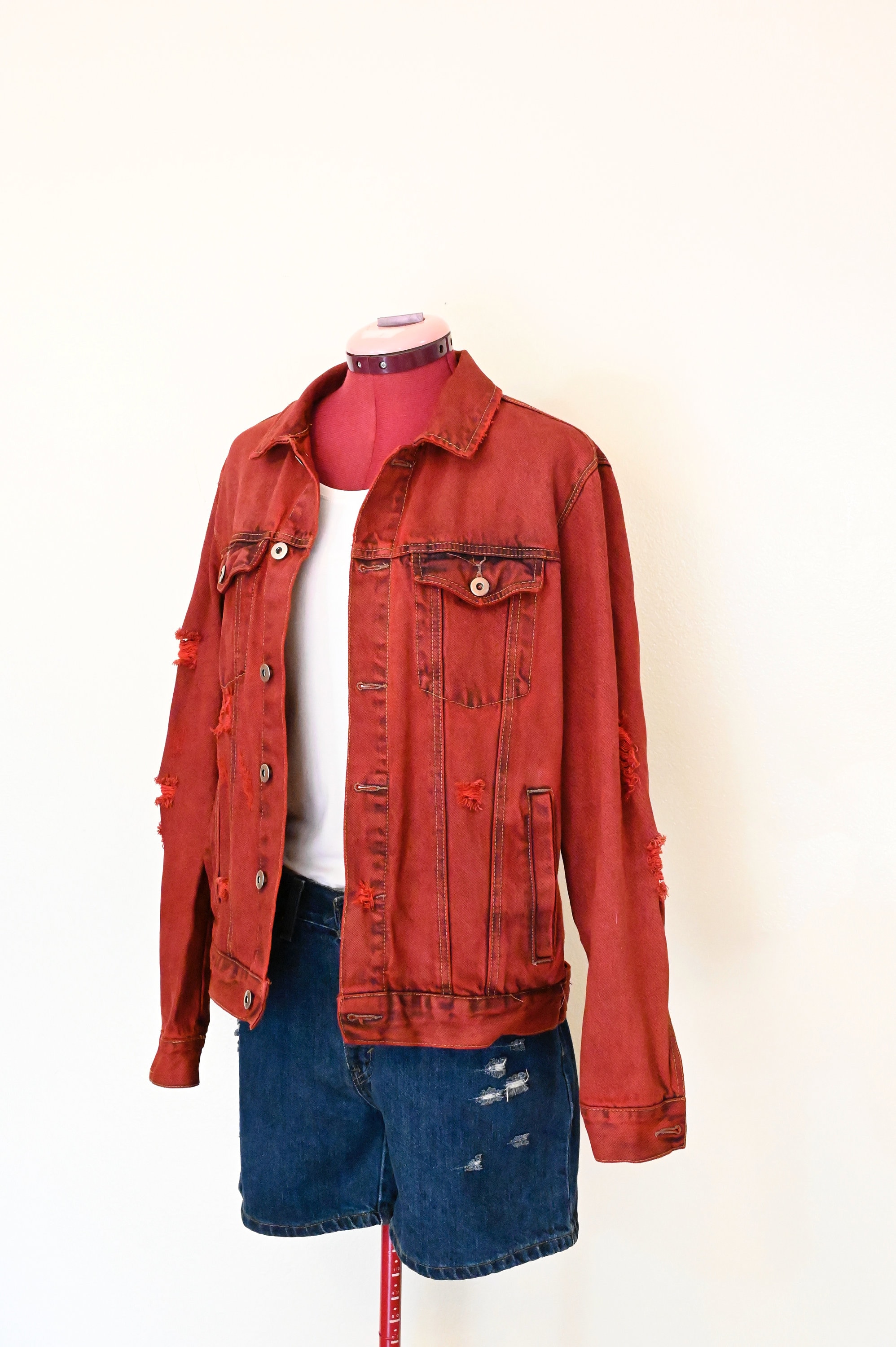 Red Men Medium Denim JACKET - Scarlet Red Dyed Upcycled