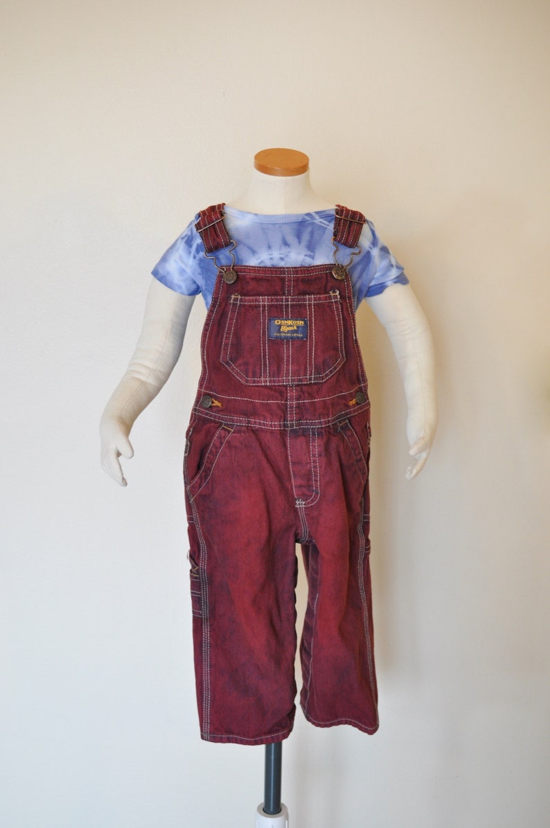 Girls Boys Size 18 Months 22 waist x 11 L Dyed Red Wine OshKosh Kids Denim Overalls Maroon Kids Size 18 months Bib OVERALL Pants