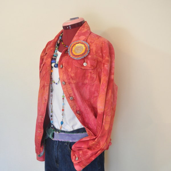 Red Orange Large Cotton Jacket - Pink Orange Mottled Dyed Upcycled Live A Little Trucker Jacket - Adult Women's Size Large (44 chest)