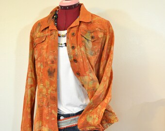 Orange Medium Denim JACKET - Autumn Orange Dyed Upcycled Axcess Denim Trench Jacket - Adult Womens Size Medium (40 chest)