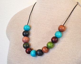 Beaded NECKLACE - Long 11" (22") Multicolor Aqua Brown Green Cherry Black Wooden Bead - Goes with Everything Necklace 90