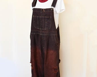 Brown Women&#39;s Large Bib OVERALL Pants - Brown Dyed Upcycled Modern Miss Overalls - Adult Large (40W x 27L)