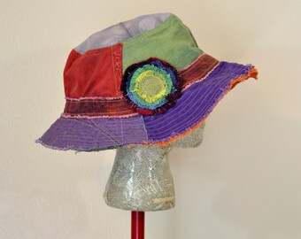 Dyed Denim 27" Beach Bucket Sun HAT #287 - Rustic Green Red Violet Blue Dyed Upcycled Denim Fringed Frayed - Adult XXL Extra Large 27"