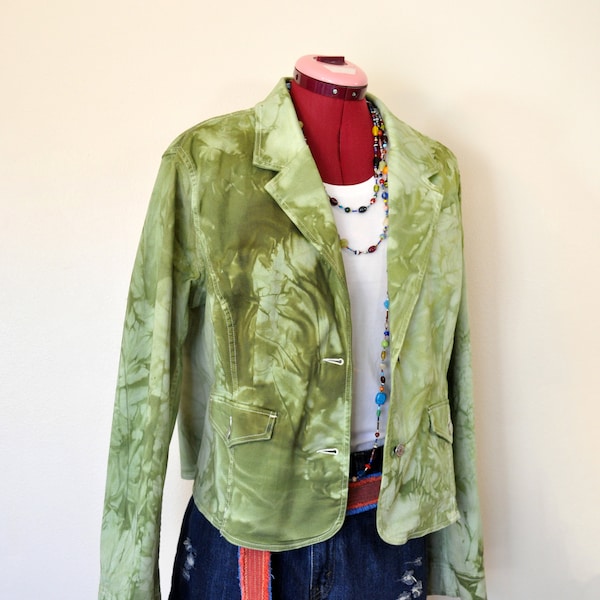 Green XL Cotton JACKET - Apple Green Mottled Dyed Upcycled Sonoma Cotton Blazer Jacket - Adult Womens Size Extra Large (44 chest)