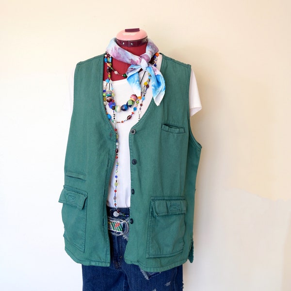 Green Large Denim VEST - Kelly Green Dyed Upcycled Travel Smith Cotton Denim Fishermans Style Vest - Adult Womens Size Large (44 chest)