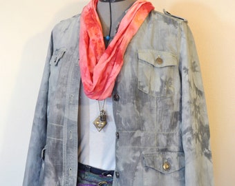 Grey Mottled Dyed Womens Small Upcycled Relativity Linen Safari Blazer JACKET (40" chest)