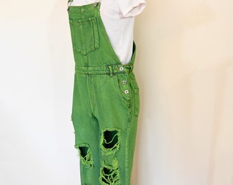 Green Medium Bib OVERALL Pants - Lime Green Dyed Upcycled Fashion Nova Denim Overall - Adult Womens Size Medium (32W x 29L)