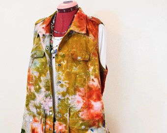 Green Rust Ice Dyed Womens Large Upcycled Christopher & Banks Cotton Safari VEST (44" chest)