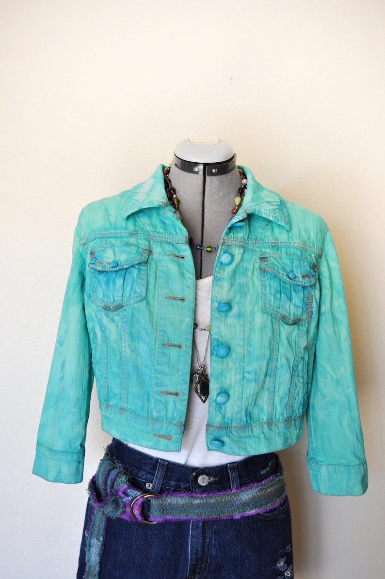 38 chest Green Hand Dyed Upcycled Jolt Denim Trucker Jacket Green Sz Medium Denim JACKET Teen Girls Sz Medium