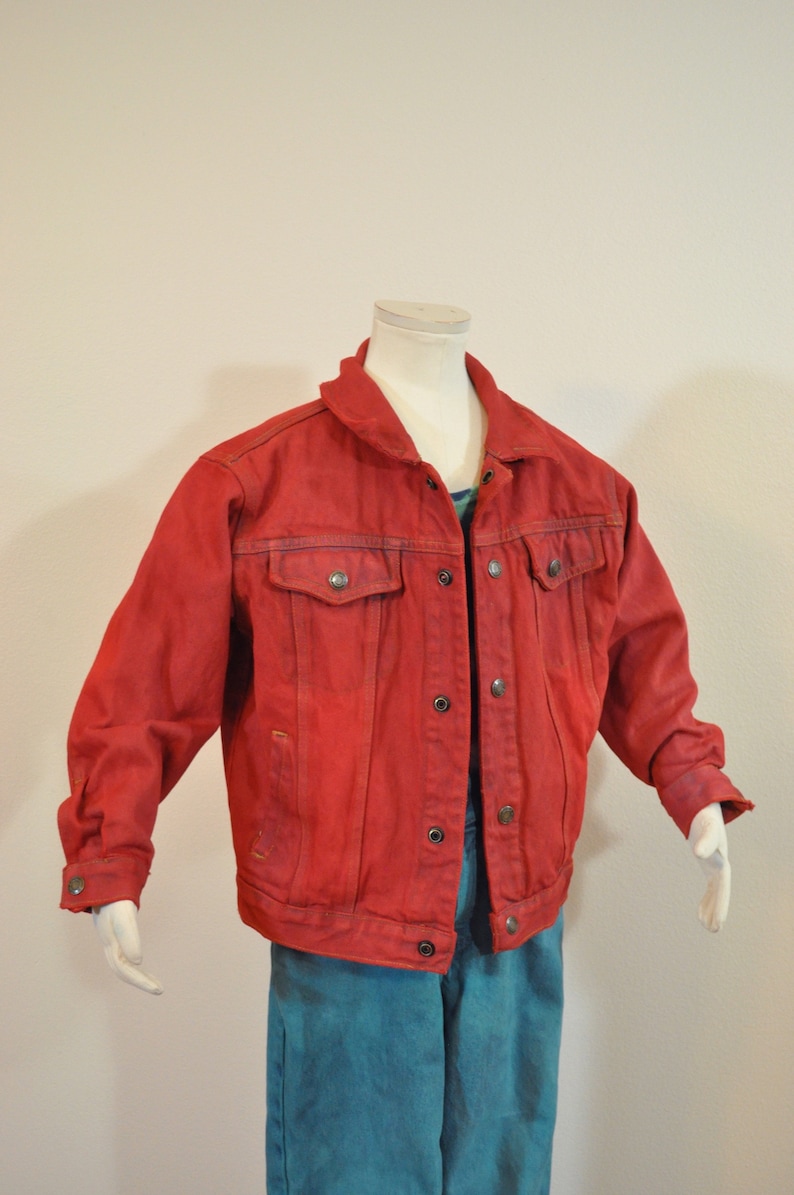 Childrens Boys Medium Large 34 chest Scarlet Red Dyed Upcycled Faded Glory Kids Denim Trucker Jacket Red Boys Sz 6 Year Denim JACKET