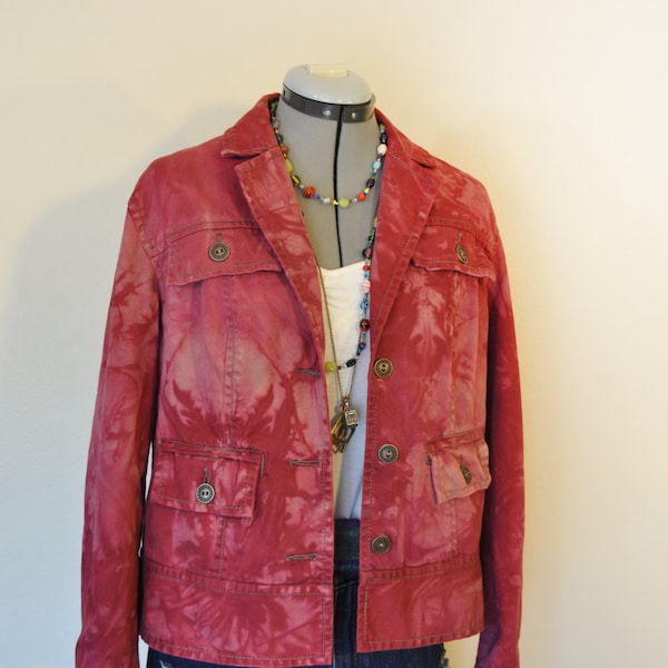 Red Medium Cotton Jacket - Red Wine Hand Dyed Upcycled Chicos Cotton Safari Blazer Jacket - Adult Womens Medium (42 chest)