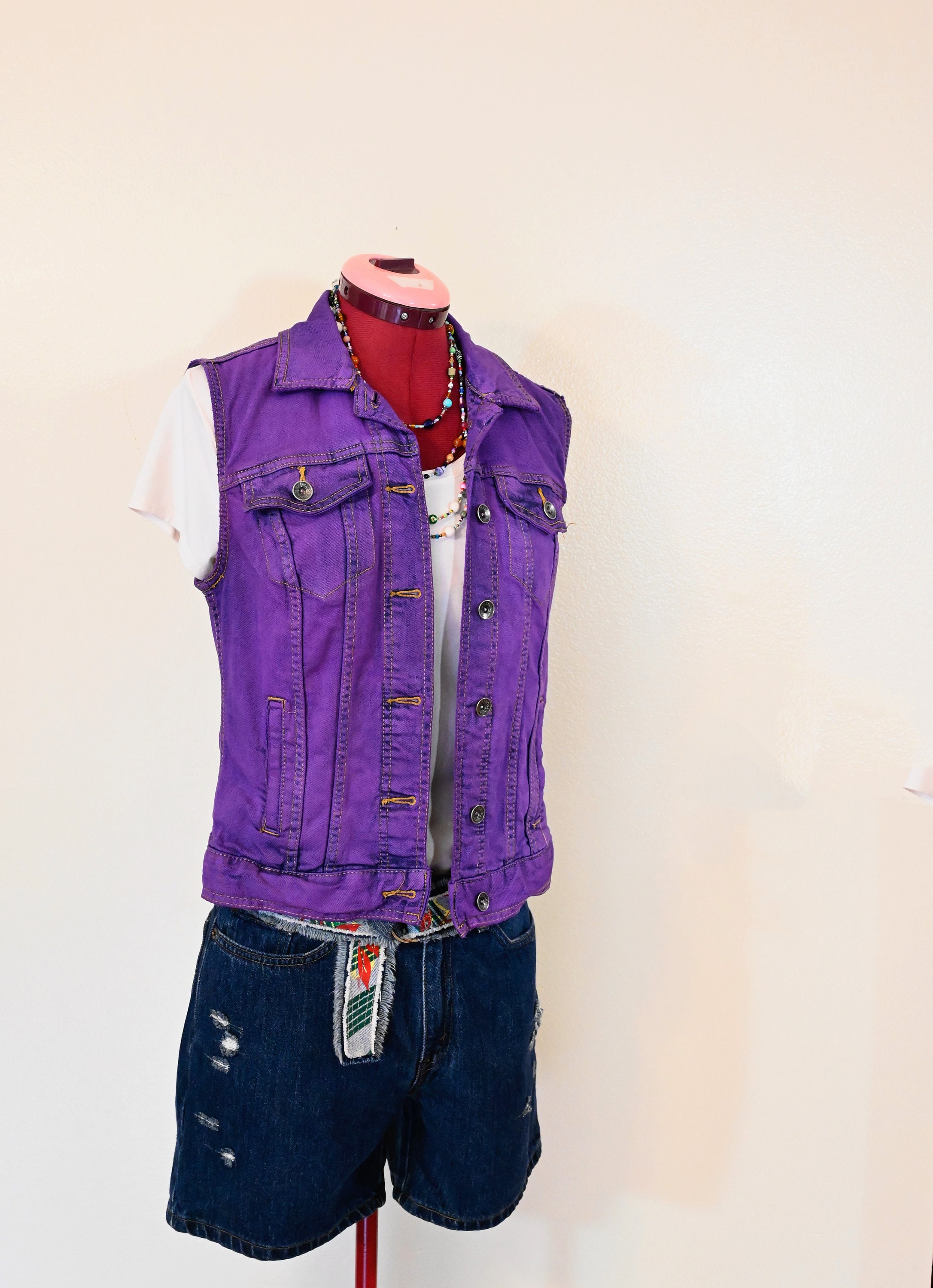 セール 海外 Denim XS Womens Violet VEST Upcycled Dyed Purple Deep - ジャケット・アウター