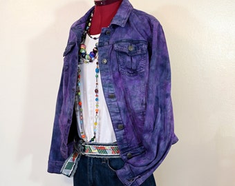 Purple Large Denim JACKET - Violet Mottled Dyed Upcycled Repurposed a.n.a. Denim Trucker Jacket - Adult Womens Size Large (42 chest)