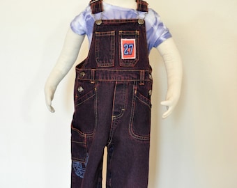 Red Dyed Kids Toddler 24 Month Upcycled Denim Bib OVERALL Pants - (24W x 11L)