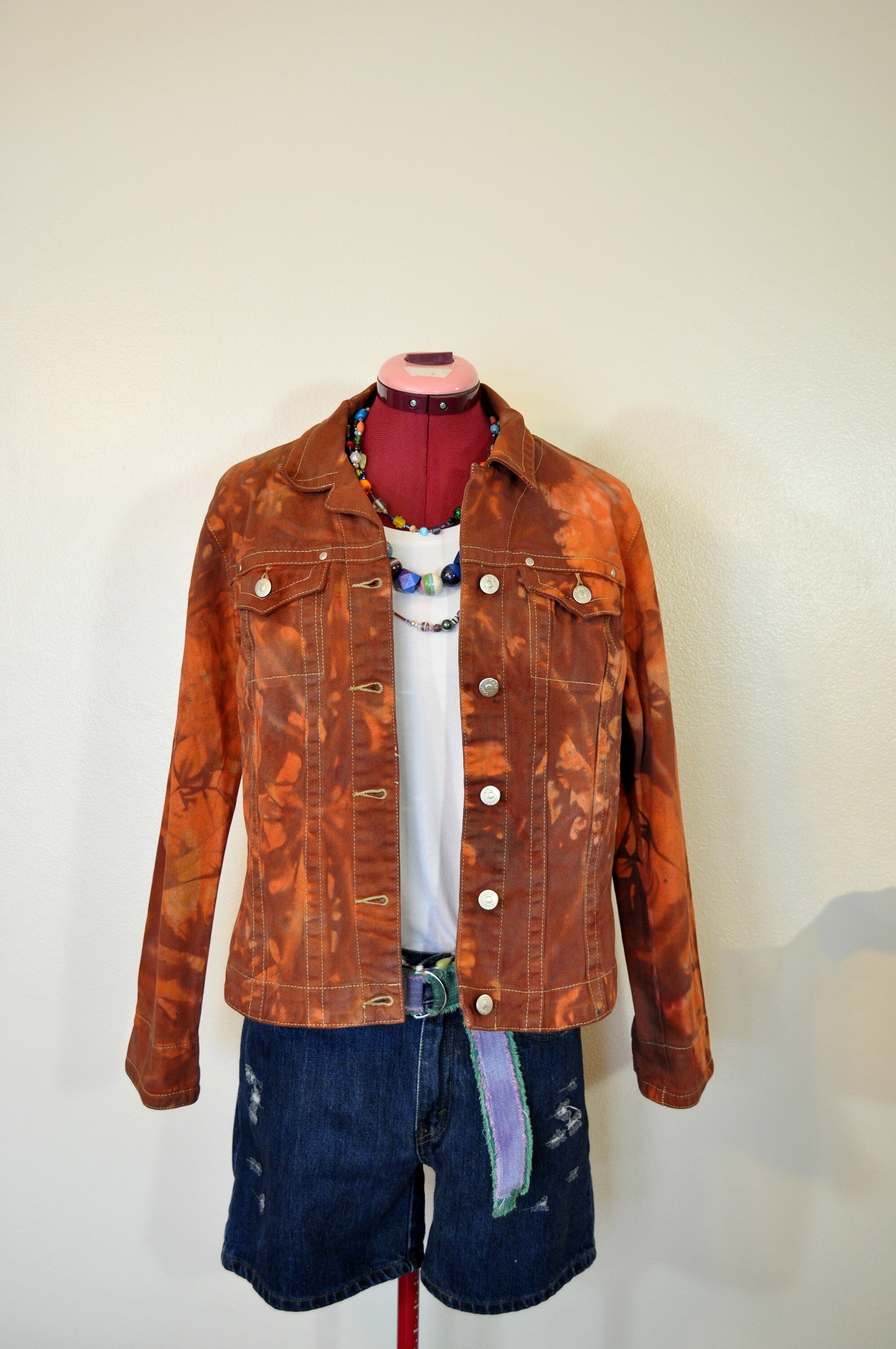 Brown Medium Cotton Jacket - Autumn Leaf Brown Dyed Upcycled Cabi Cotton Denim Trucker Jacket - Adult Women Size Medium (40\
